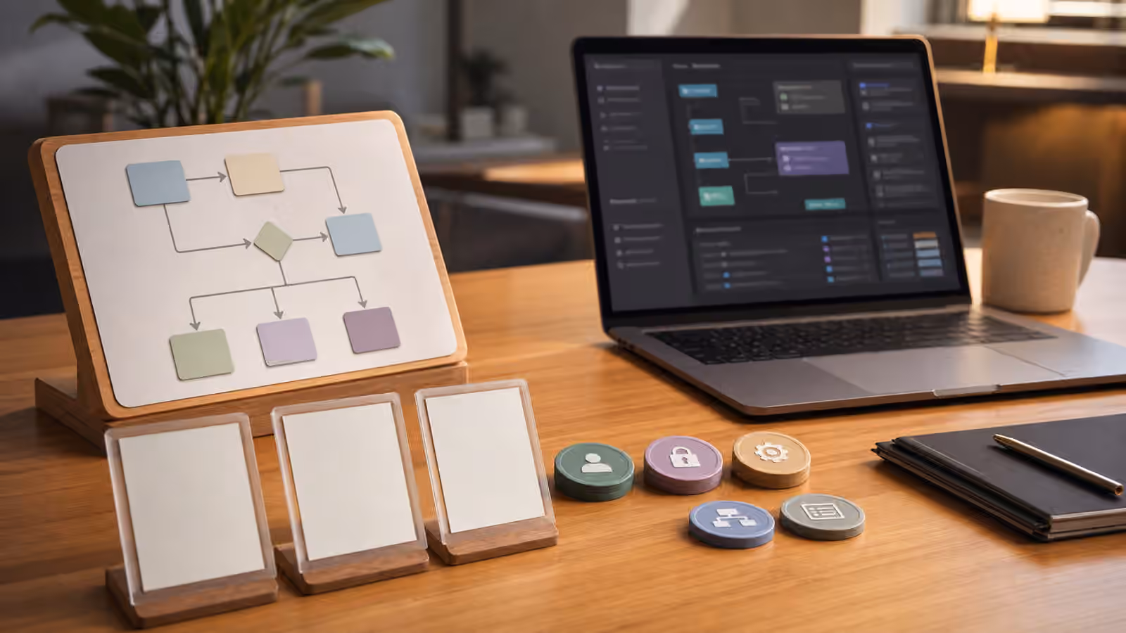 An approval workflow desk with blank cards, permission tokens, and abstract review panels.