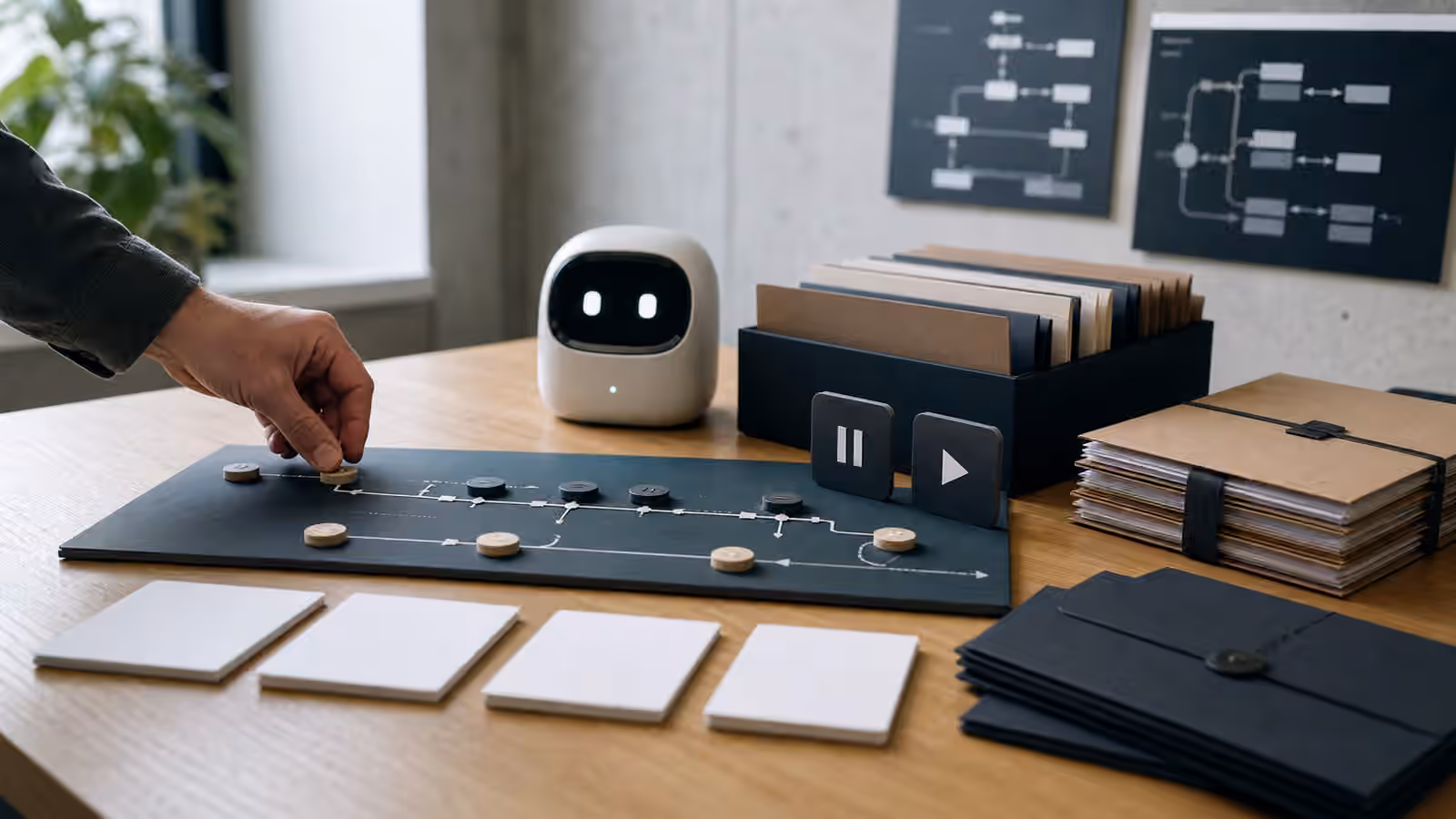 A human operator places a marker on an AI agent workflow timeline with folders, blank cards, and pause controls.