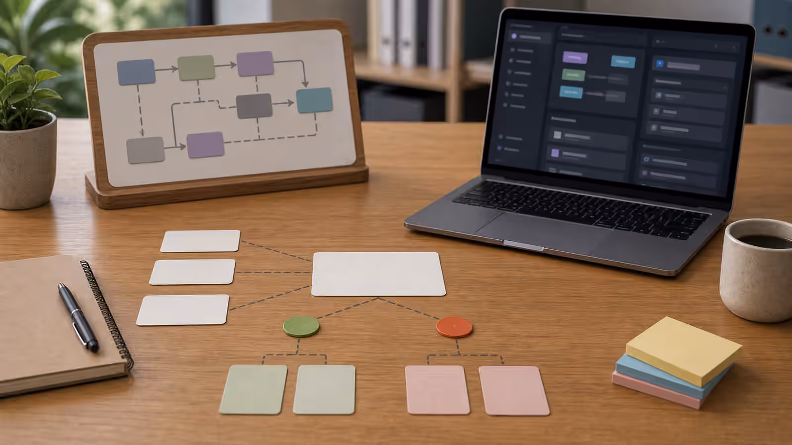 An ambiguous task card with smaller blank question cards and colored decision tokens on an AI agent planning desk.