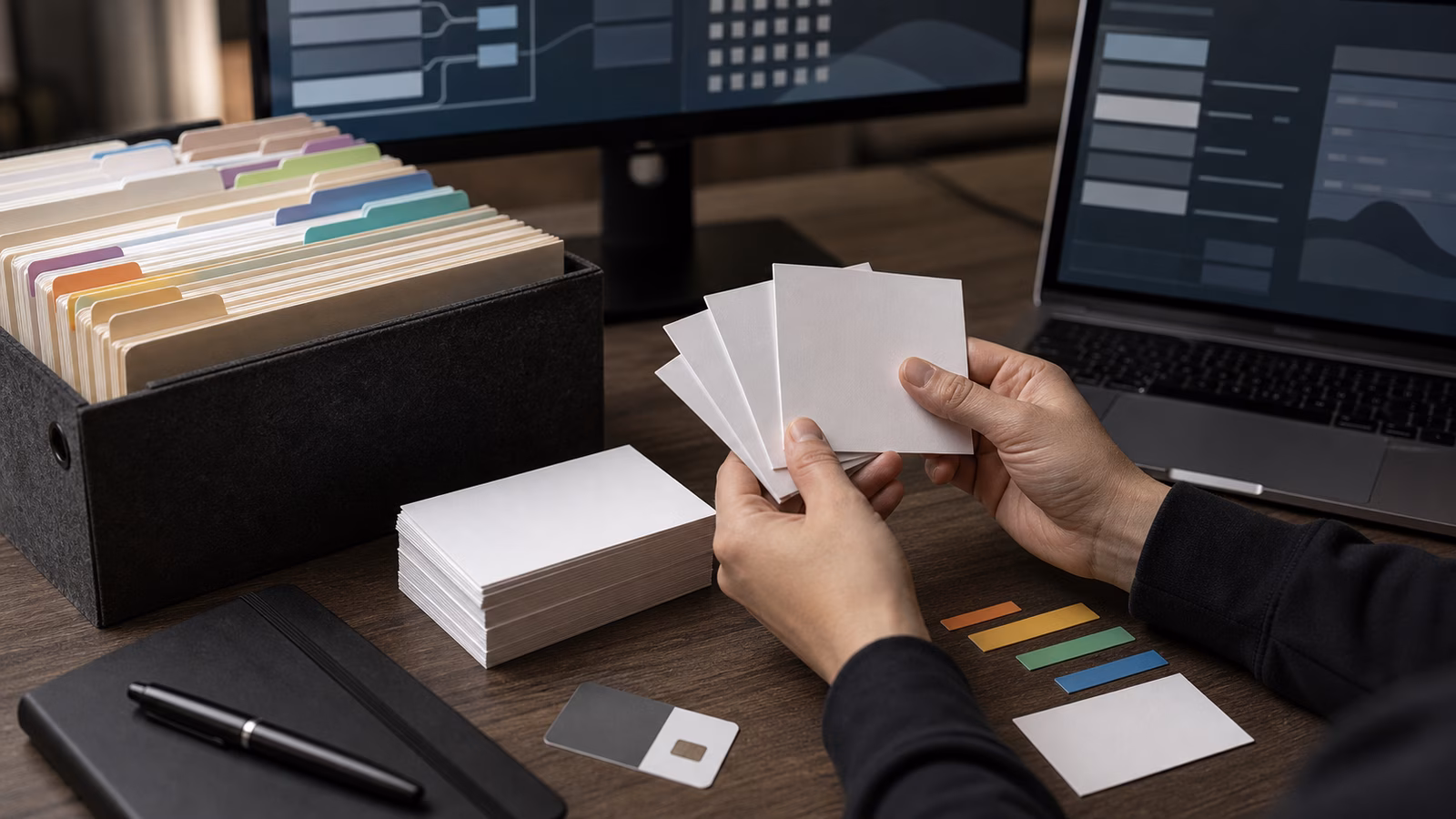A desk with blank note cards, file folders, abstract workflow screens, and a human operator selecting a small working set from a larger archive.