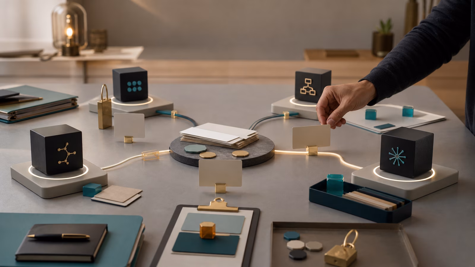 A calm operations desk with abstract AI agent work zones connected by handoff cards and review lanes.