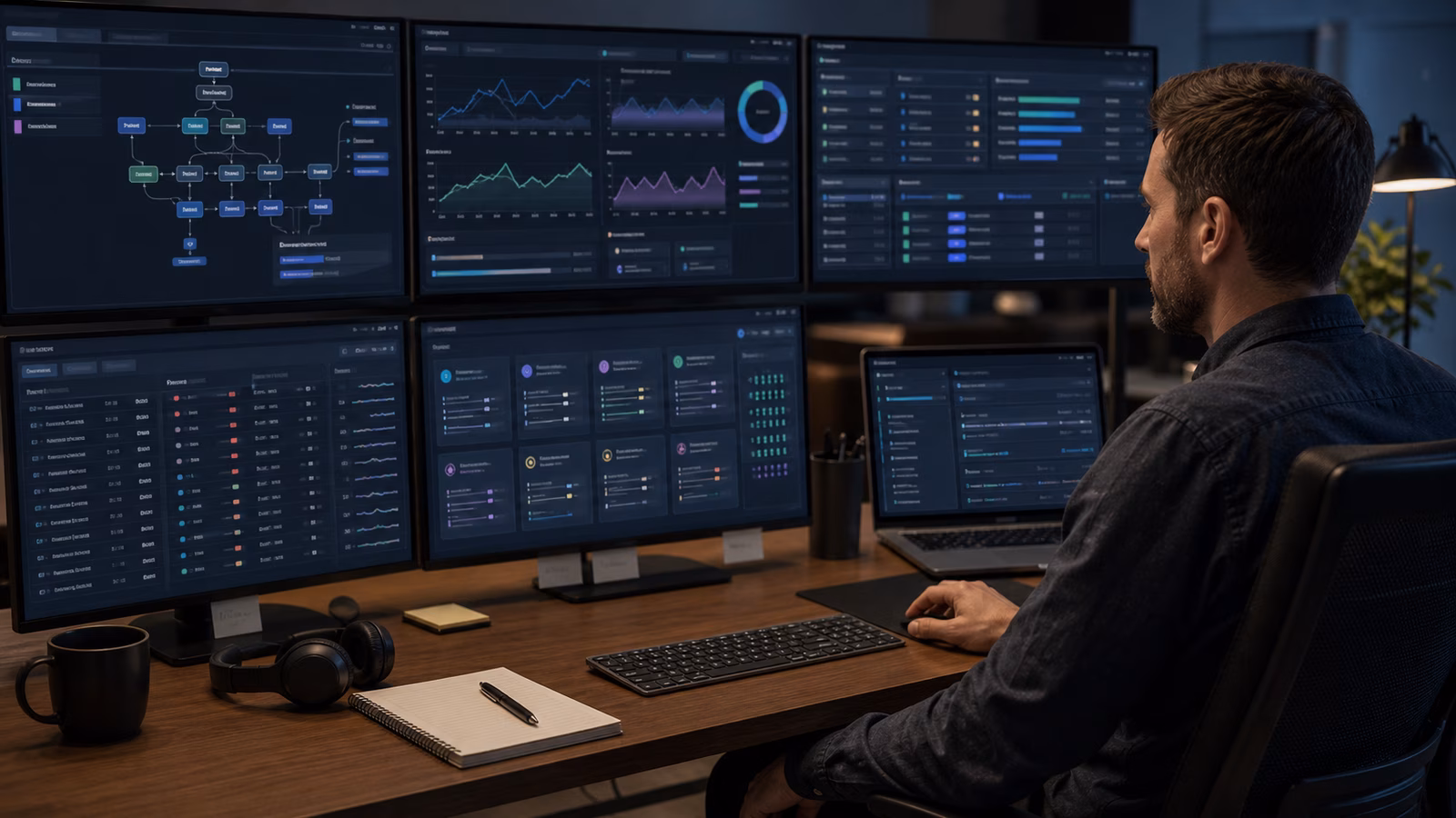 A quiet operations desk with abstract dashboards, queues, usage meters, service cards, and audit trails for monitoring AI agent work.