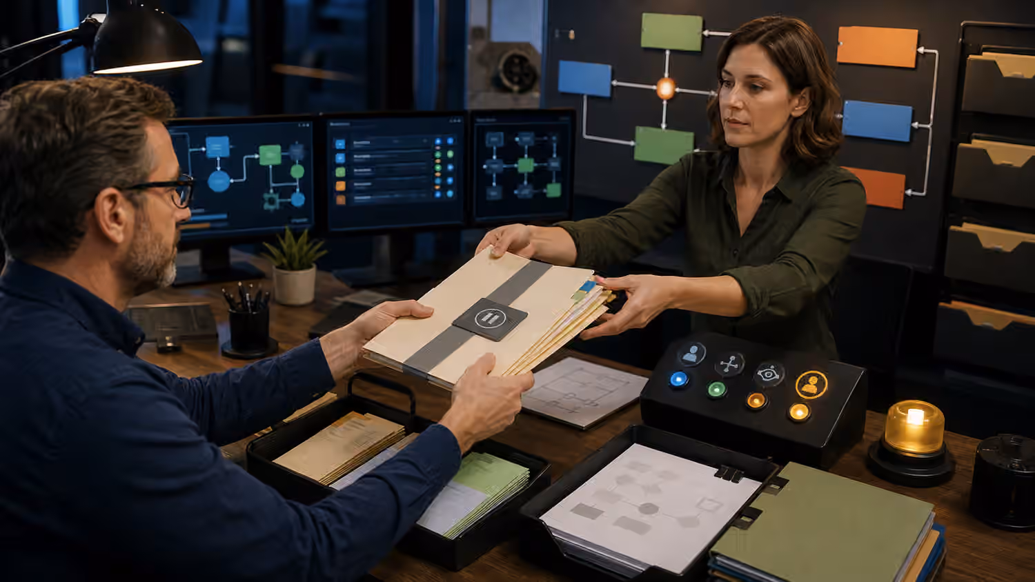A human reviewer receives a paused AI agent handoff packet beside blank workflow cards, folders, and approval controls.