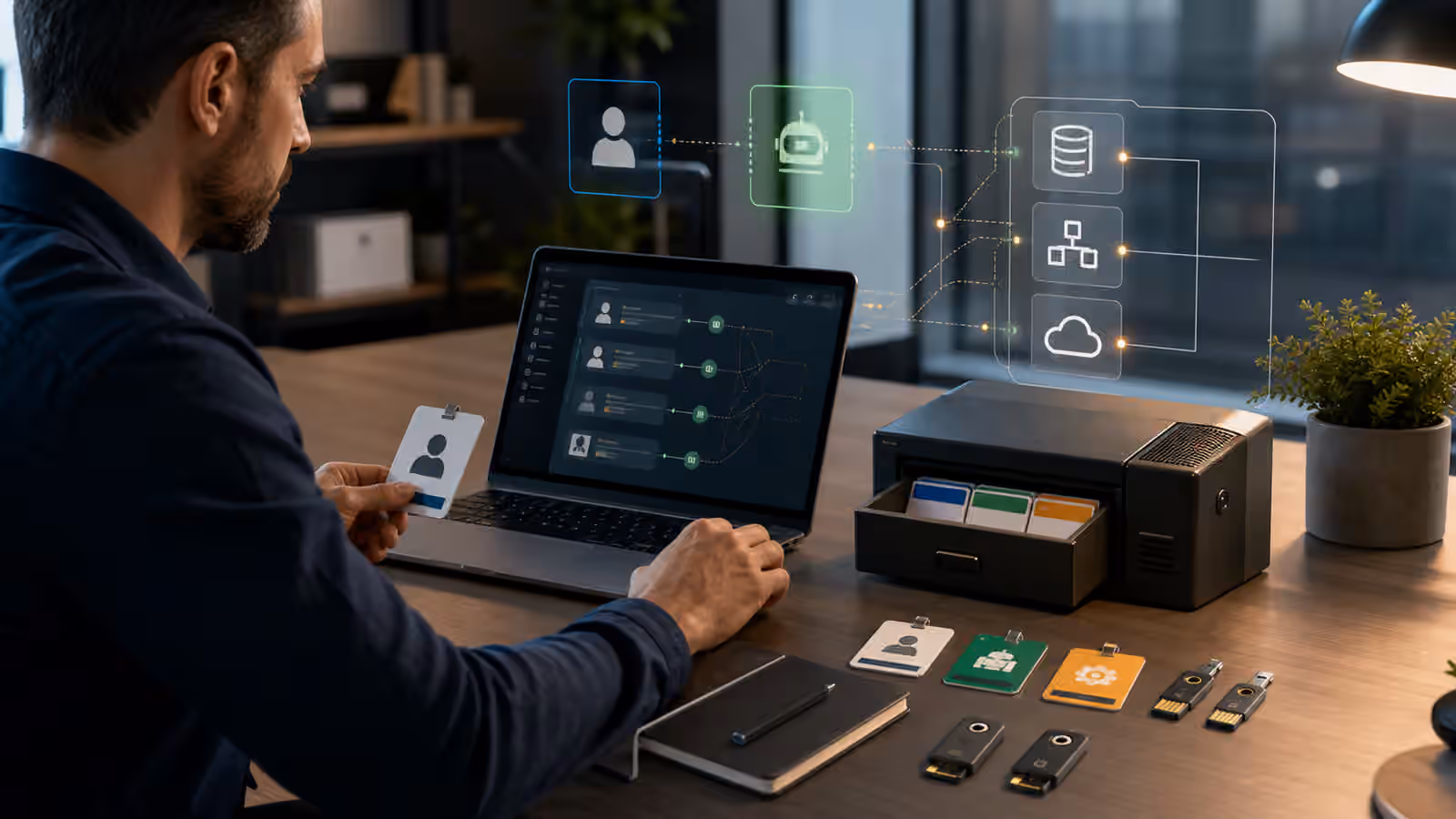 A human operator reviews separate AI agent identities, access cards, hardware keys, and abstract service connections in a secure workspace.