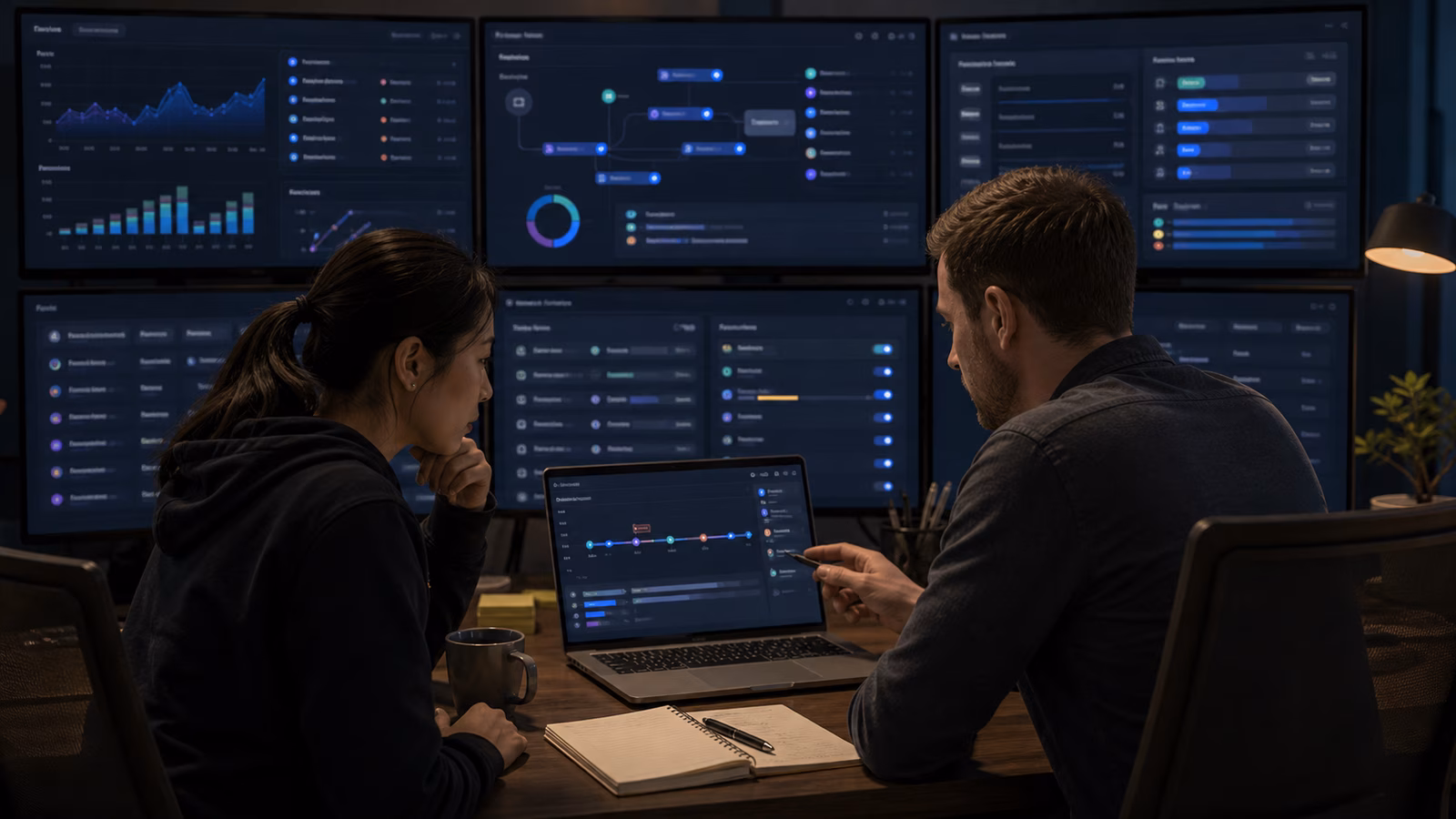 Two engineers calmly reviewing an AI agent incident timeline, tool permissions, rollback controls, audit cards, and monitoring dashboards.