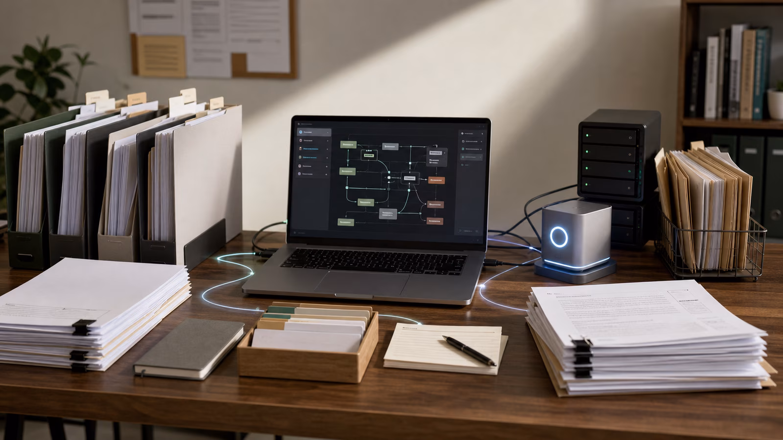 A carefully organized AI agent knowledge base workspace with trusted source folders, documents, storage devices, and an abstract illuminated assistant device