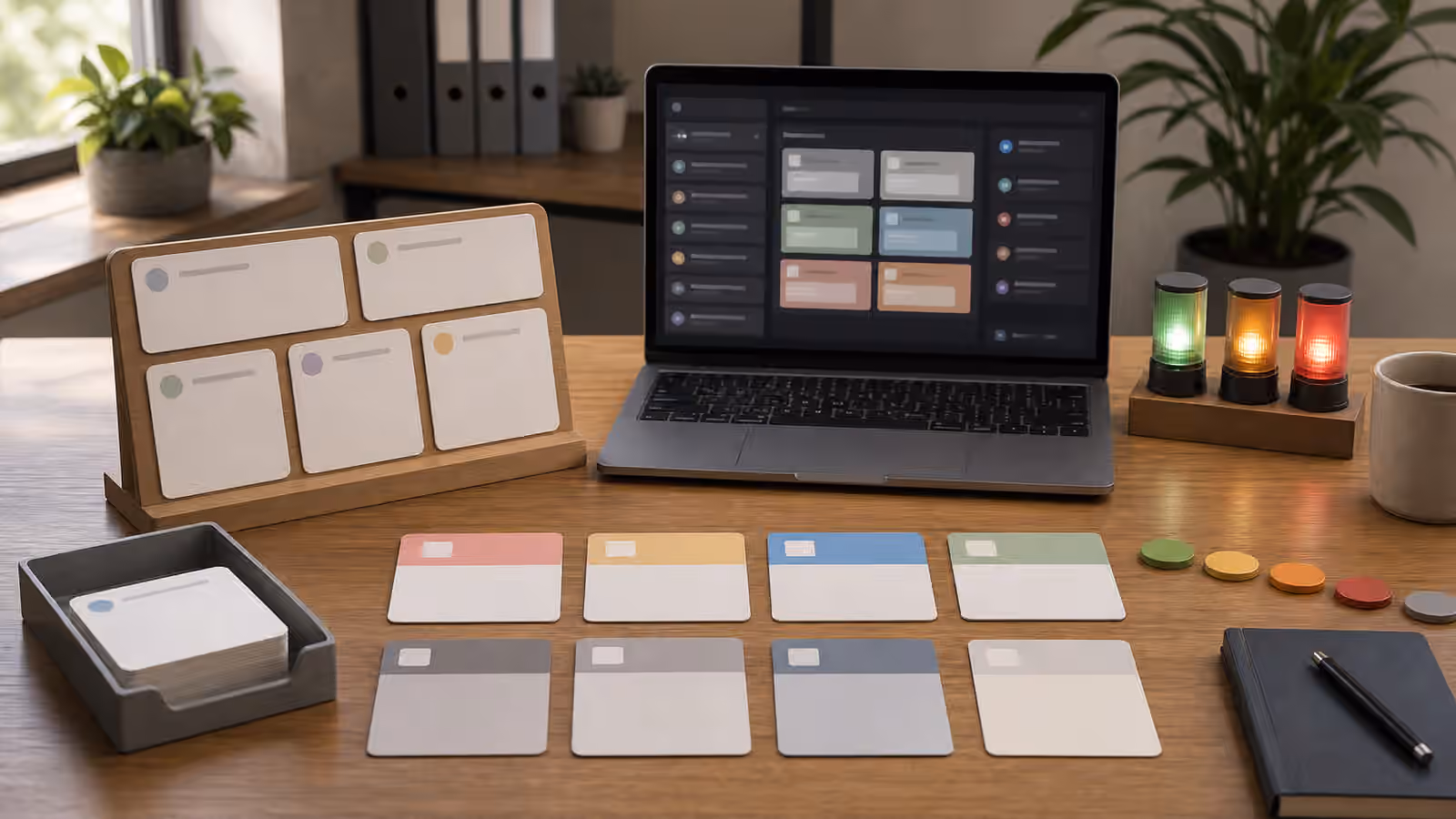 A quiet AI agent operations desk with grouped blank notification cards and muted status lights.