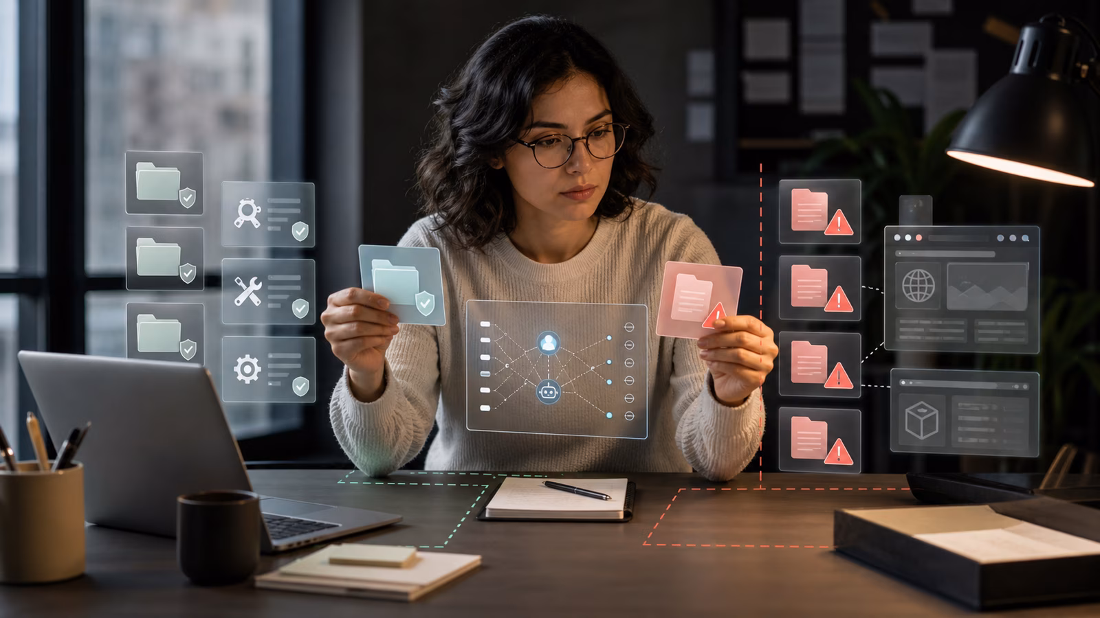 A human operator separating trusted AI agent workflow materials from untrusted warning-marked document panels