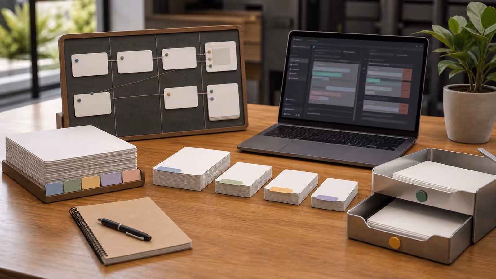 A prompt versioning desk with blank instruction cards, colored tabs, and abstract change-review panels.