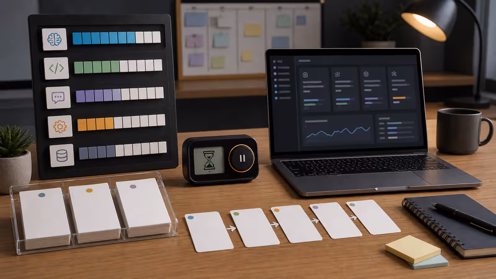 An AI agent operations desk with blank usage meters, queued task cards, and a paused timer.