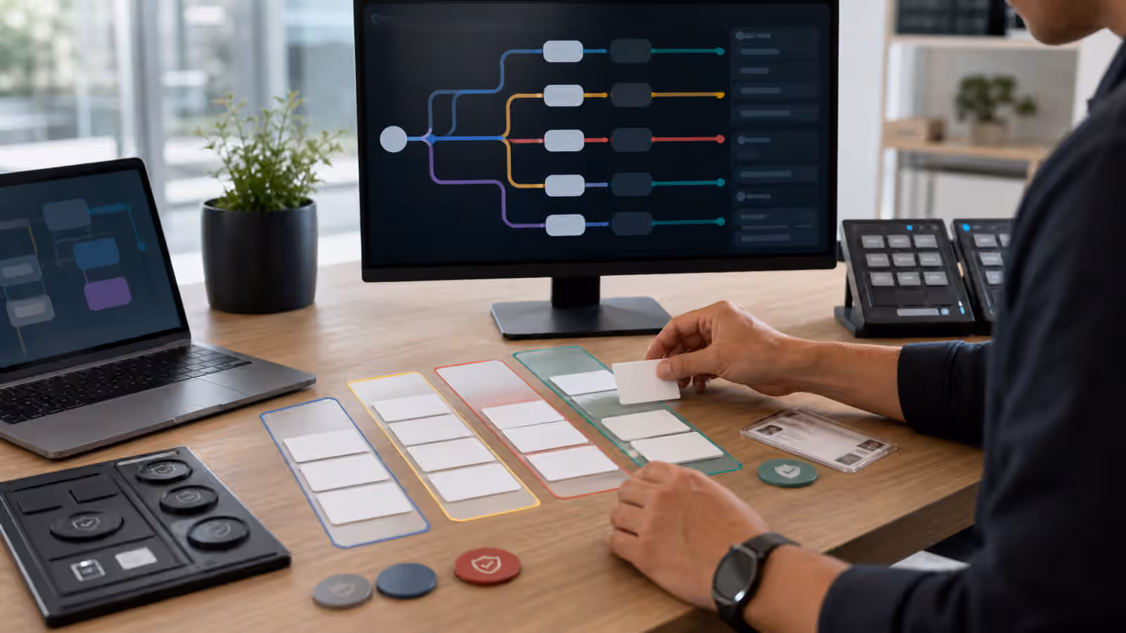 AI agent routing desk with blank task cards sorted into delegate lanes.