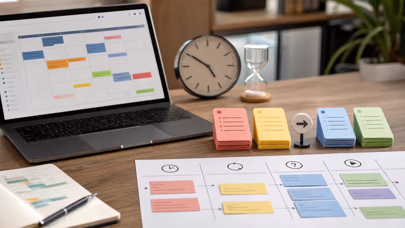 A scheduling workspace with abstract calendar blocks, timers, queue cards, and an approval marker for AI agent work.