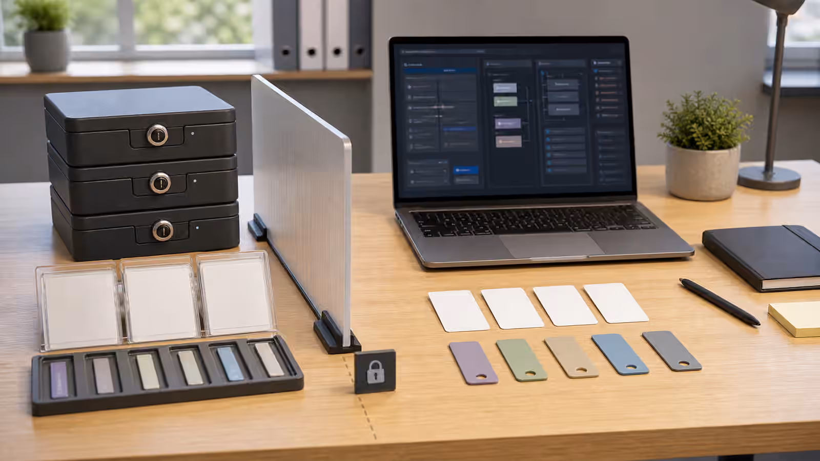 A secure AI agent workbench with vault boxes, blank key cards, and a separated approved working area.
