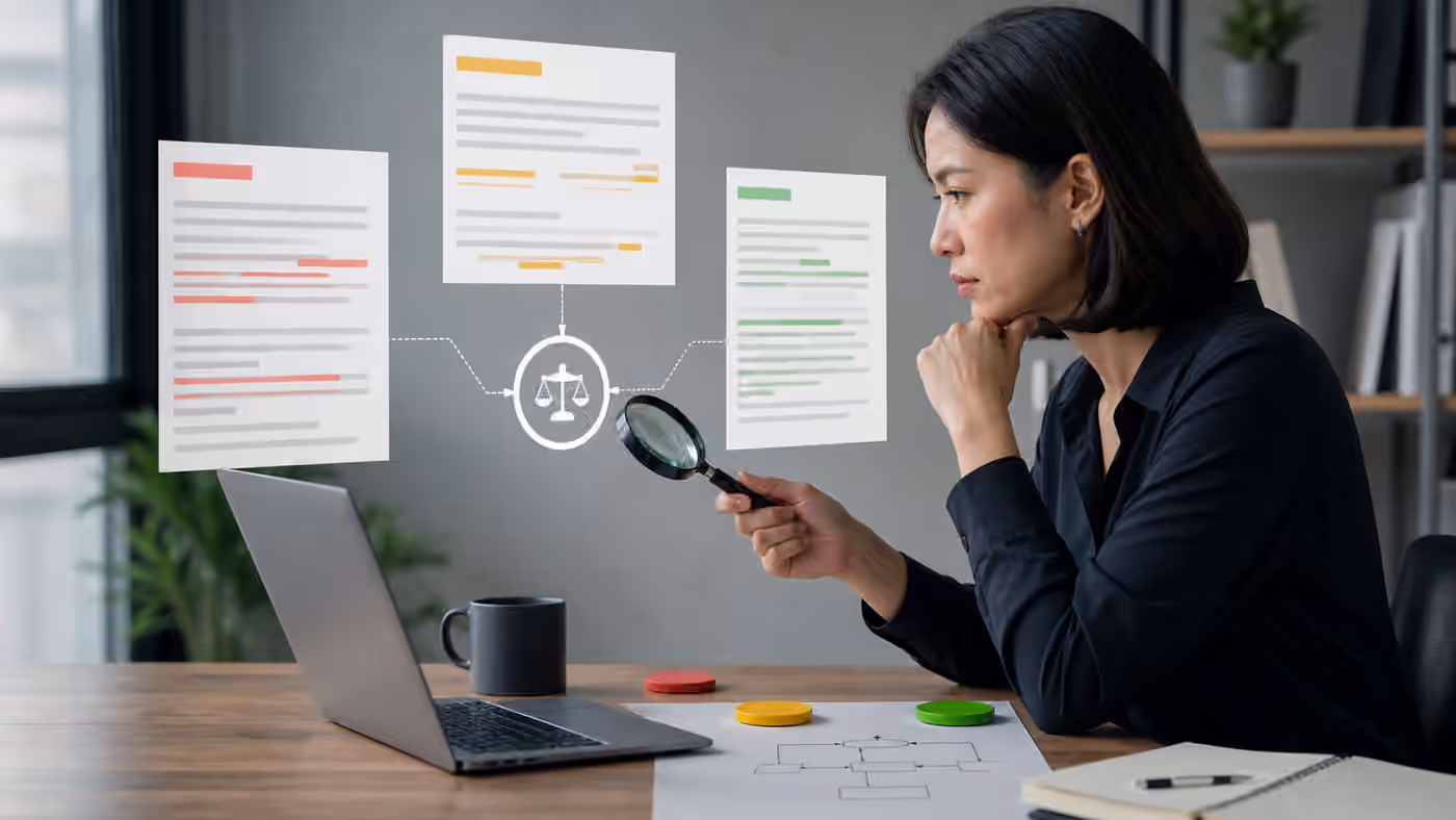 An analyst comparing abstract source documents and evidence markers before an AI agent workflow acts.