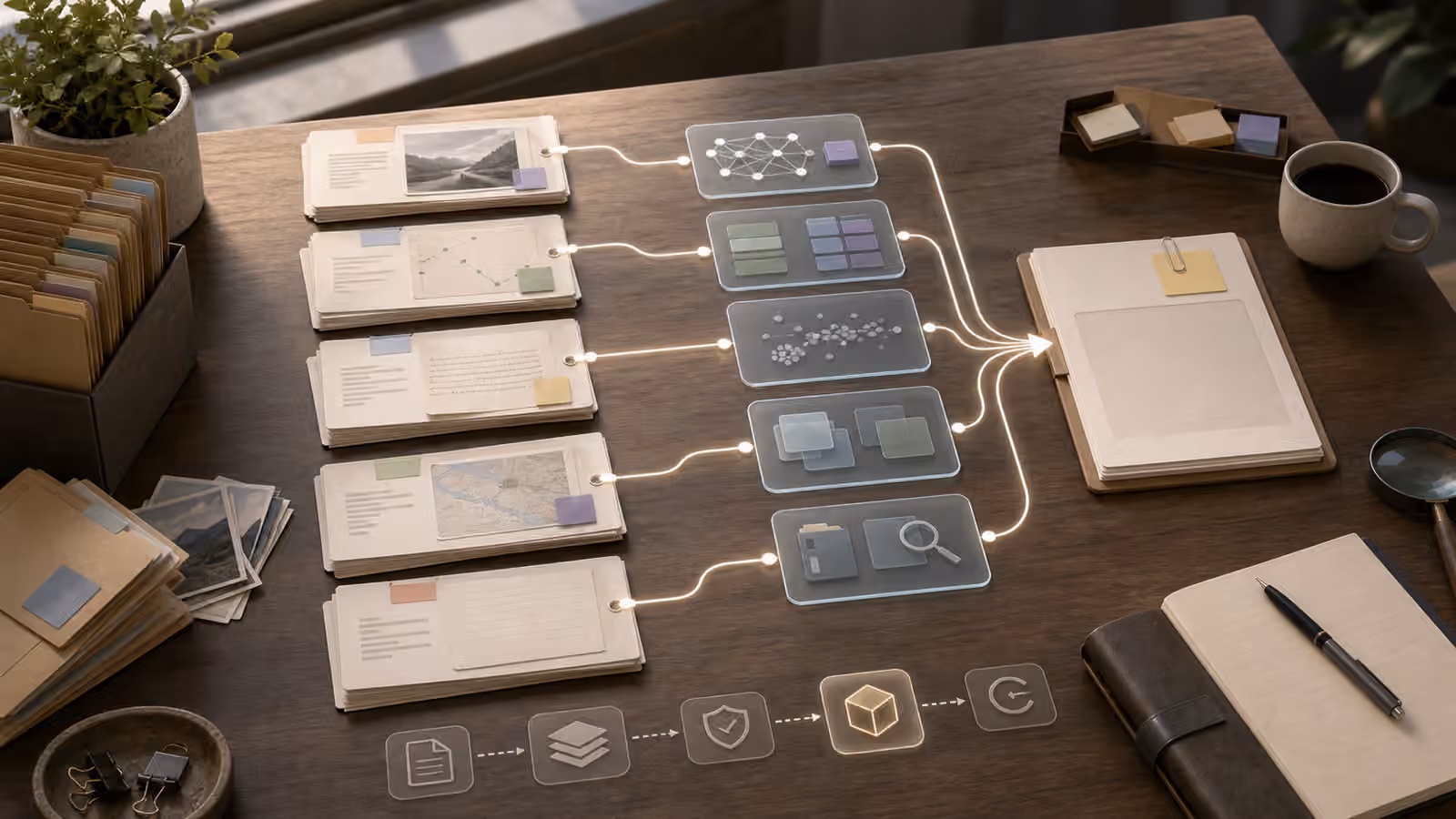 A desk of connected source cards leading from evidence files to an abstract agent-produced artifact.