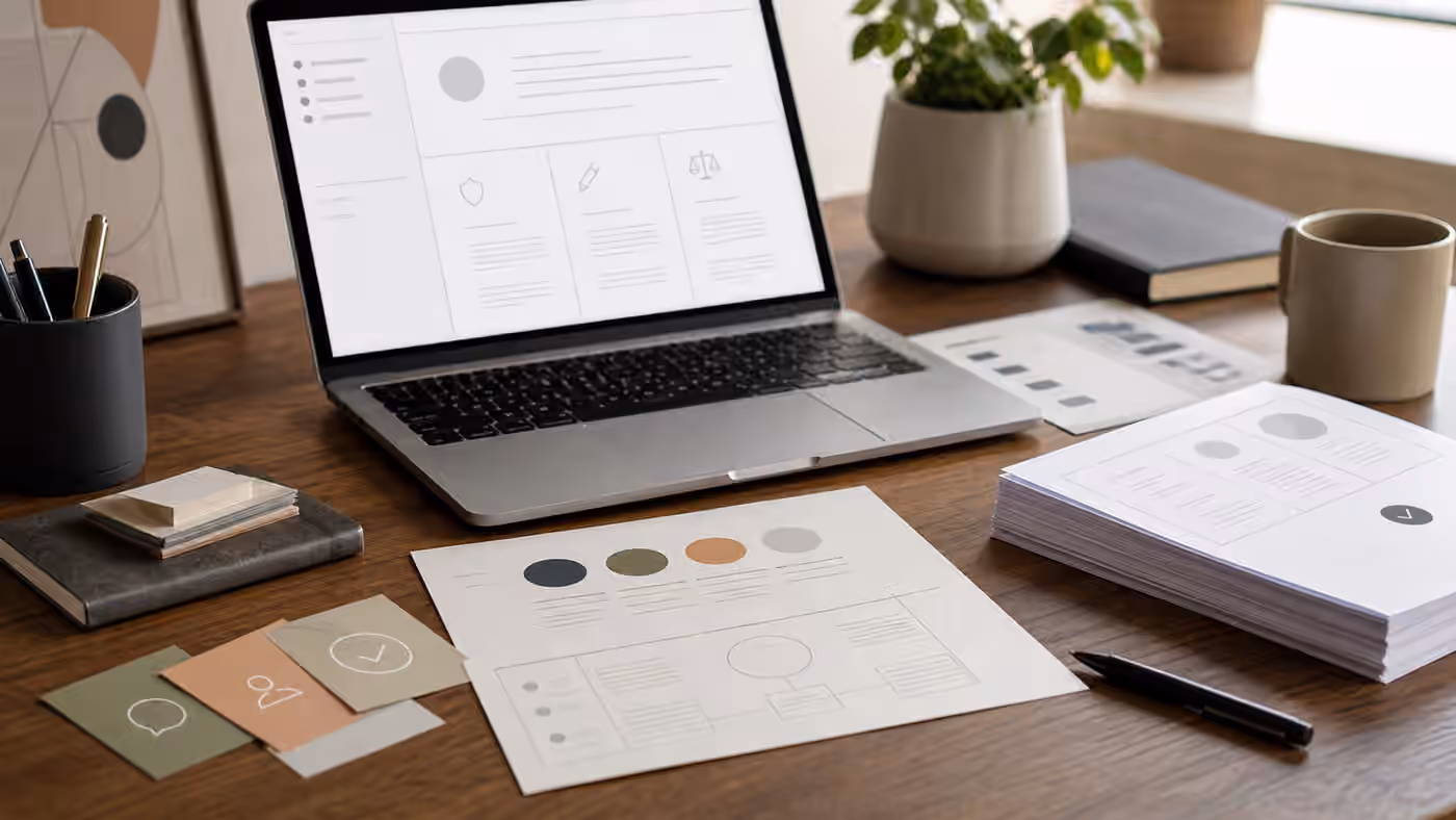 An editor's desk with abstract style cards, reference sheets, and approved examples for an AI writing agent.