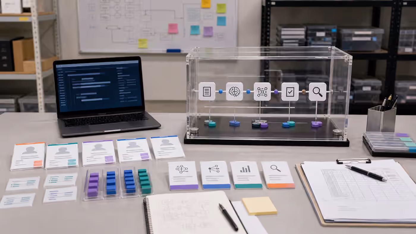 A quality assurance workbench with synthetic records, sandbox panels, and abstract test materials for AI agent workflows.