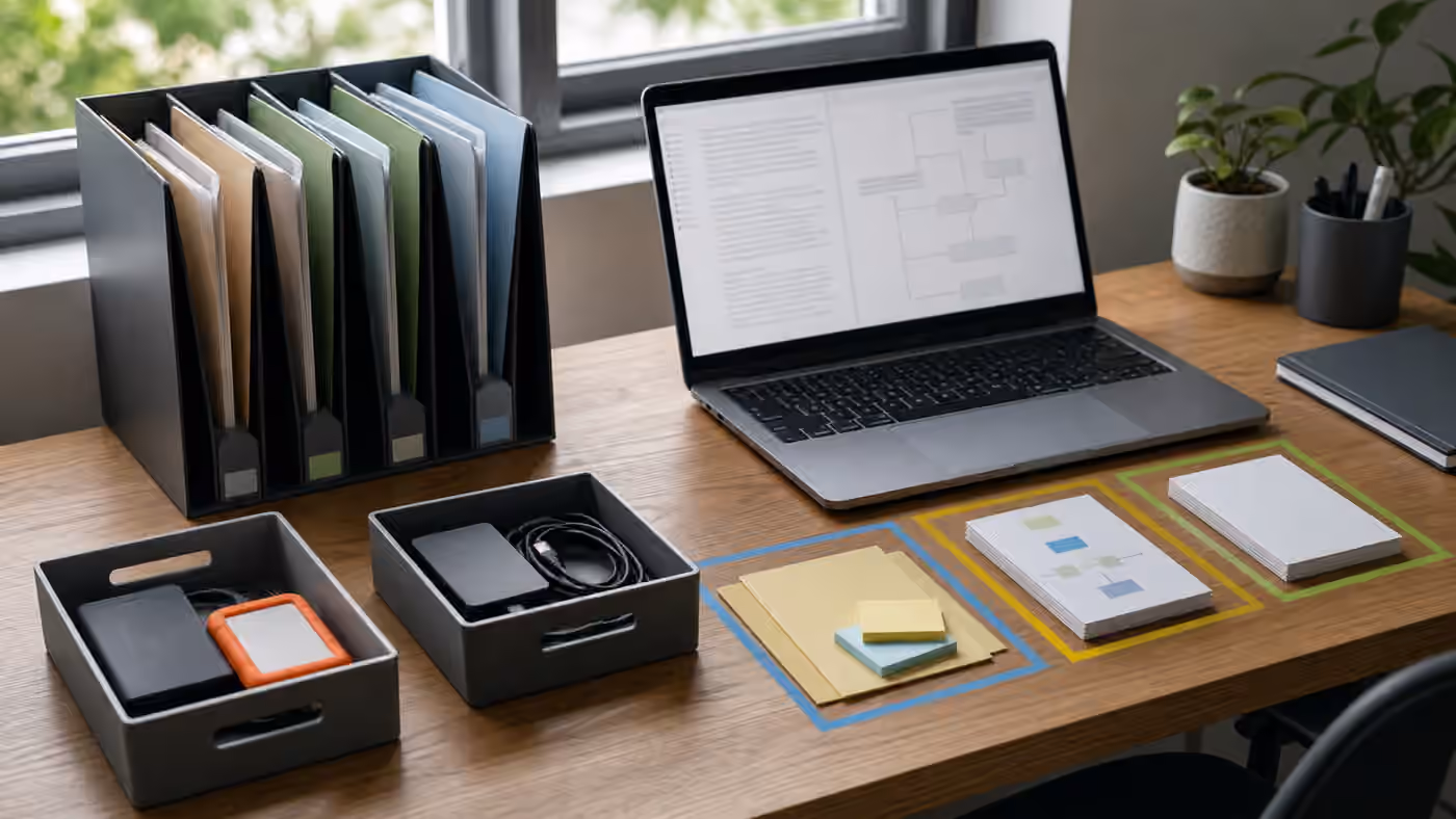An orderly AI agent workbench with abstract folders, scoped artifacts, and temporary work areas.