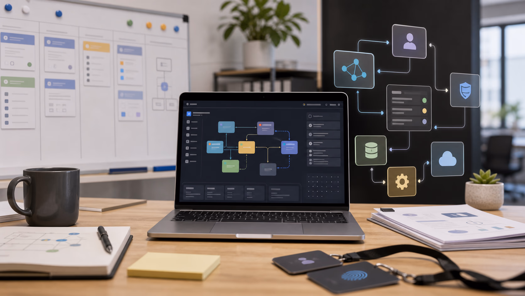 A focused workspace for AI agents with a laptop, task board, secure access cards, code windows, documents, and small connected service icons represented as abstract panels, realistic editorial technology photography, no readable text