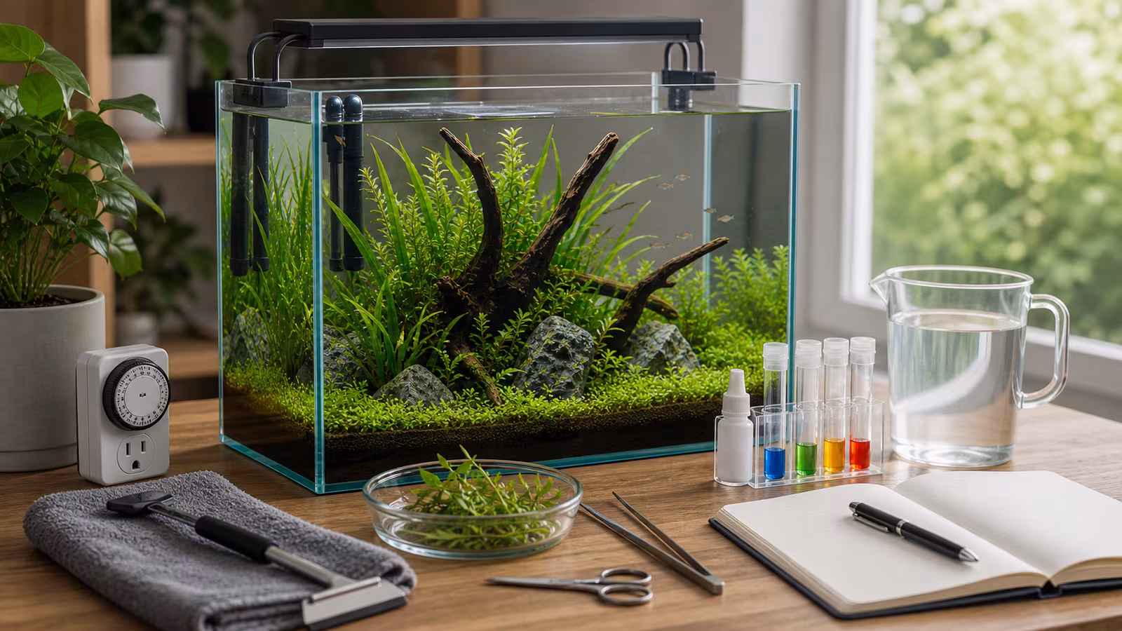 A planted aquarium maintenance setup with algae scraper, timer, trimmed plants, towel, and clear water.