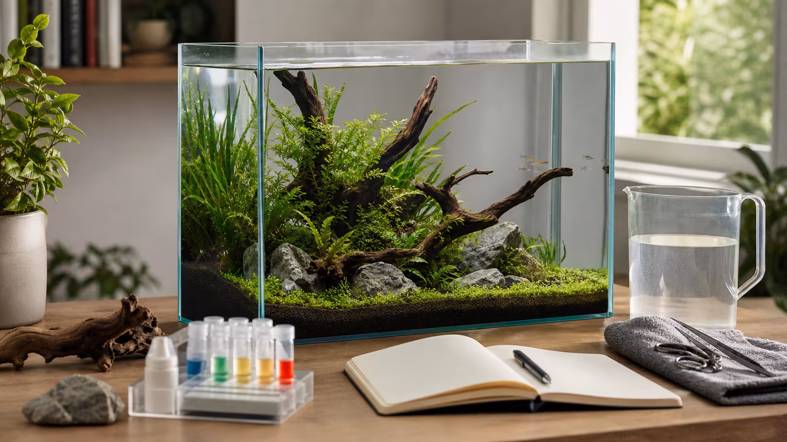 A planted aquarium setup with a rimless nano tank, aquatic plants, driftwood, stones, test kit, water-change jug, towel, and notebook.
