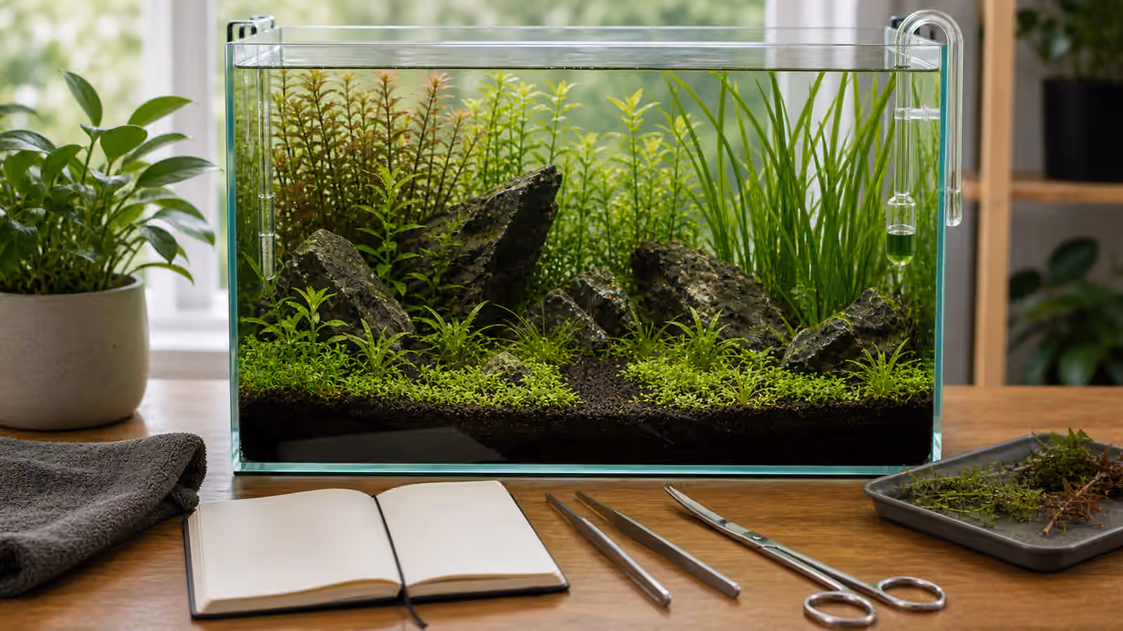 A planted aquarium with tall background plants, stones, foreground plants, trimming tools, towel, and notebook.