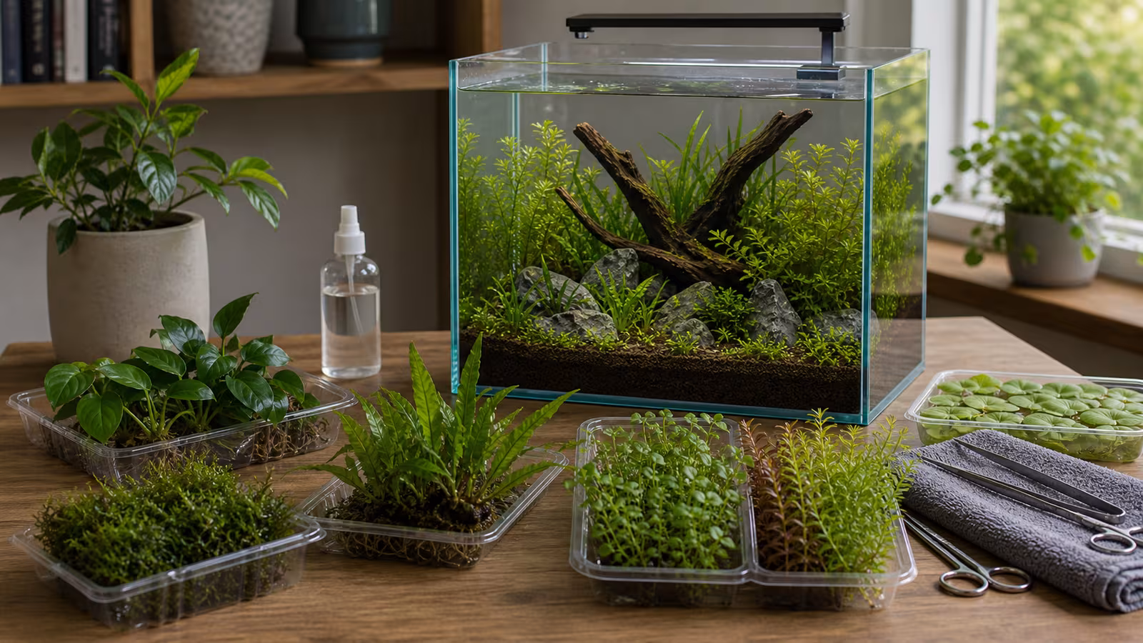 Beginner aquarium plants arranged on a clean table beside a planted tank, including Java fern, Anubias, crypts, moss, and floating plants.
