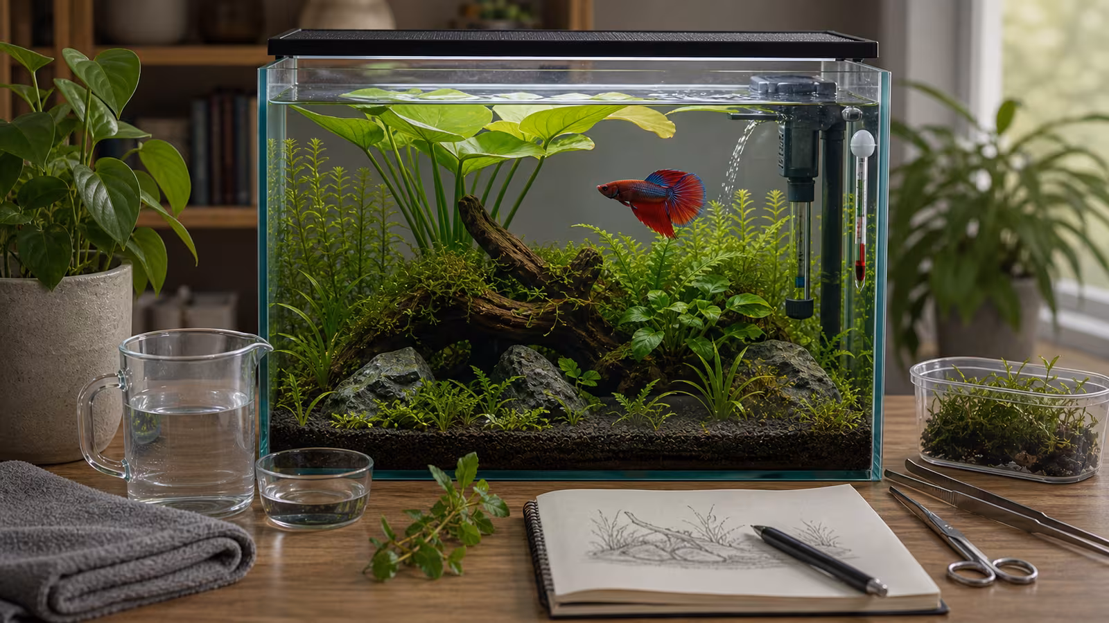 A calm planted betta aquarium with broad leaves near the surface, gentle filter flow, heater, thermometer, and open swimming space.