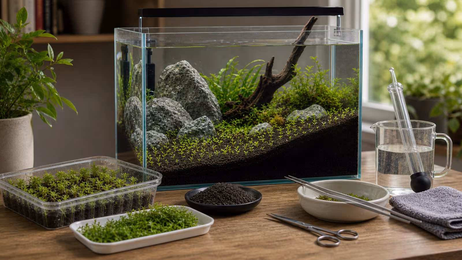 A foreground aquarium carpet beside trimming scissors, tweezers, substrate slope, and a simple planted tank planning notebook.