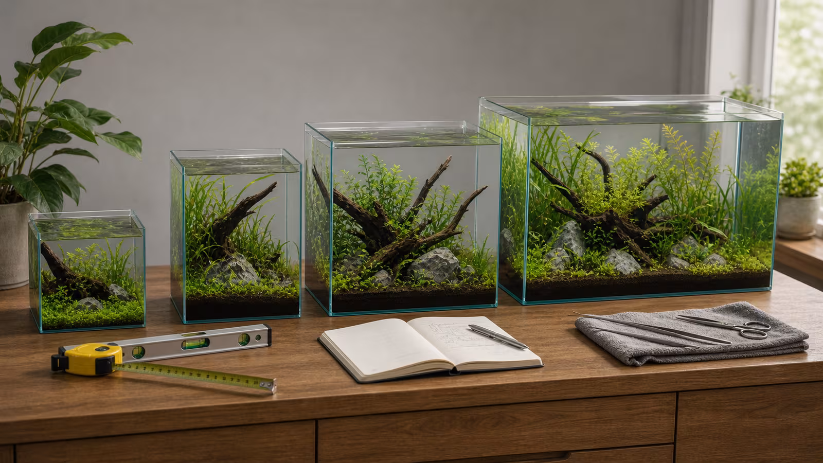 Several empty aquarium sizes compared on a sturdy cabinet with measuring tape, level, notebook, and plant tools.