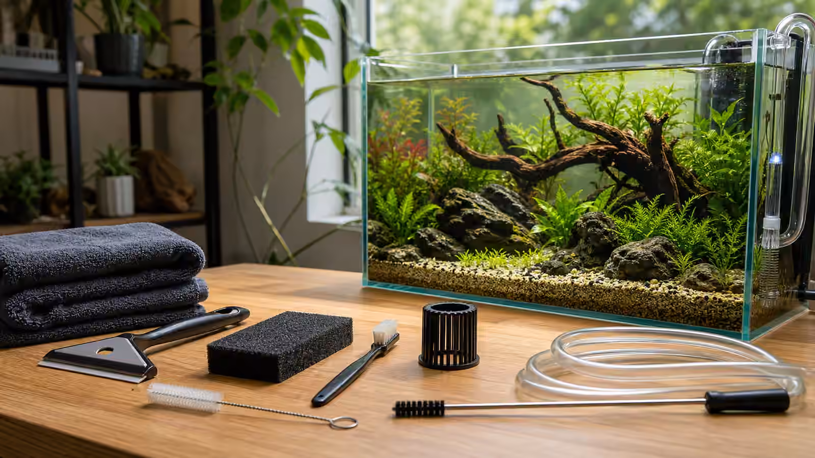 Aquarium-only cleaning tools beside a planted tank, including algae scraper, soft sponge, toothbrush, tubing brush, filter guard, and towels.