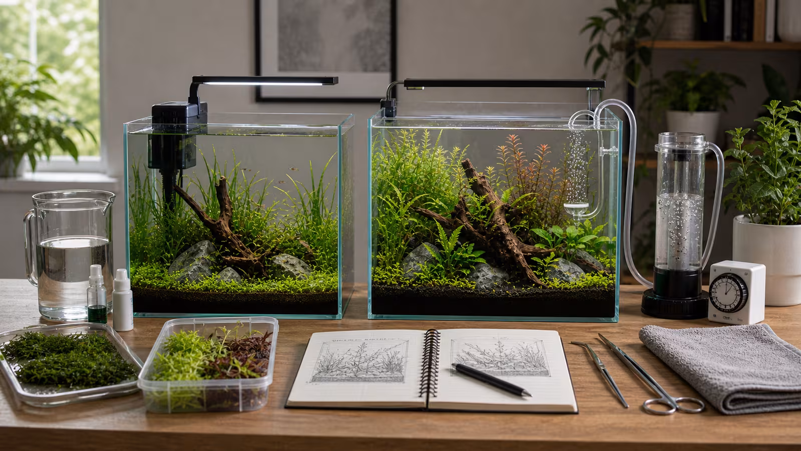 Two planted aquarium setups side by side, one simple low-tech tank and one tank with a neat CO2 regulator and diffuser.