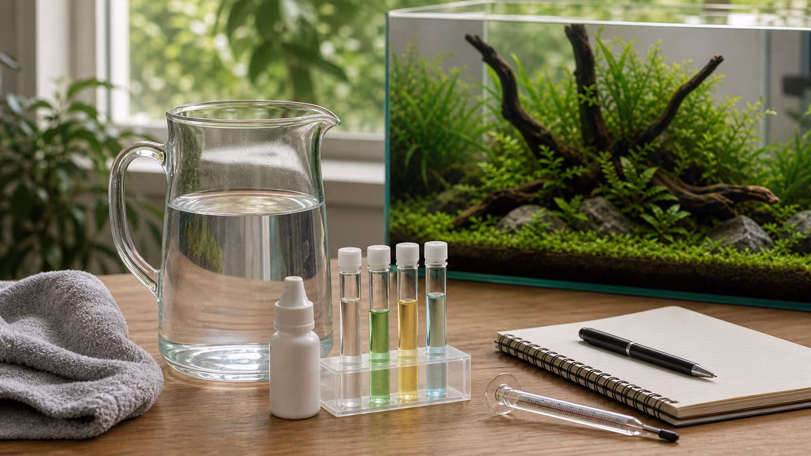 Aquarium source-water setup with tap water pitcher, dechlorinator bottle without label, test tubes, planted tank, and notebook.