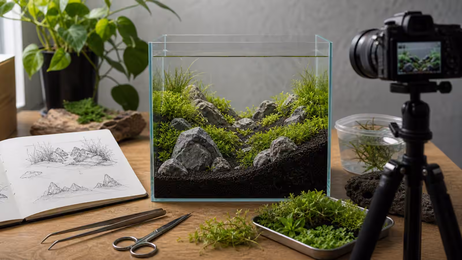 A small aquascape with a rising substrate slope, large foreground stones, smaller background stones, fine plants, tweezers, and camera.