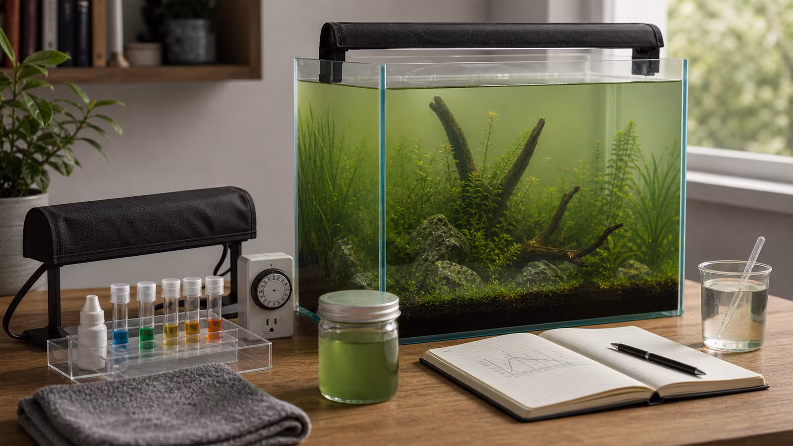 A planted aquarium with slightly green water beside a light timer, test kit, towel, and maintenance notebook.