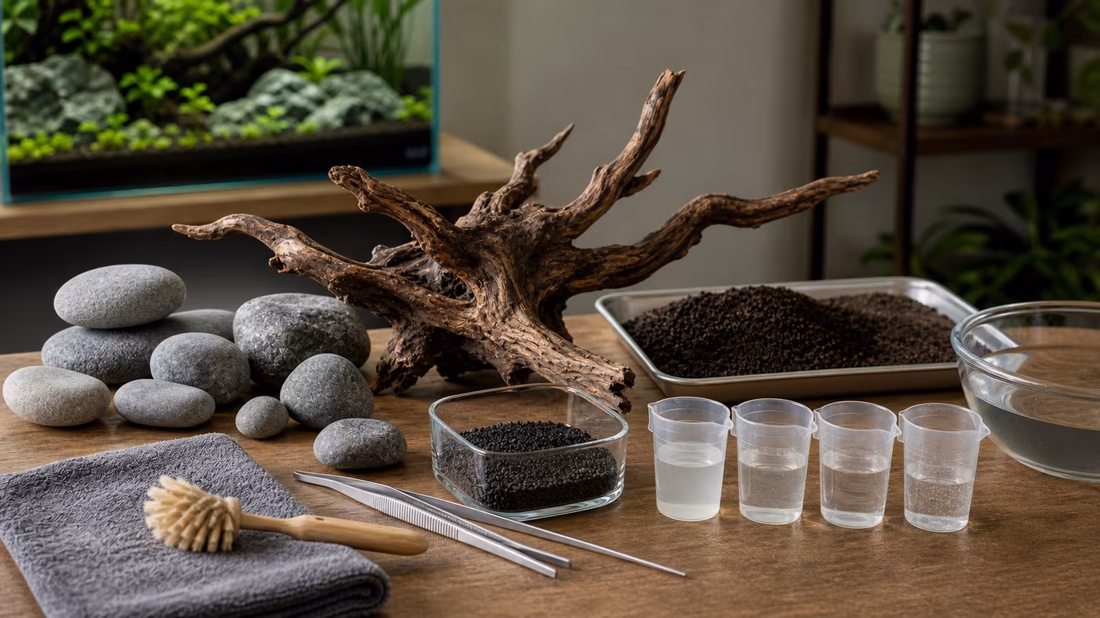 Aquarium driftwood, smooth stones, rinsed substrate, test cups, brush, towel, and plant tweezers arranged on a workbench.