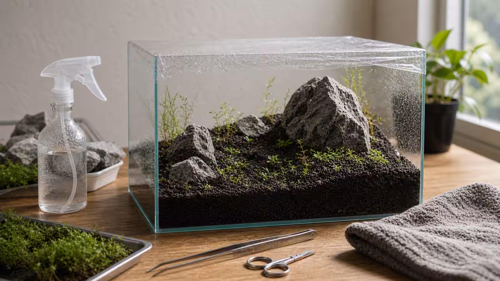 A rimless aquarium dry start with damp substrate, small foreground plants, stones, misting bottle, clear cover, and towel.
