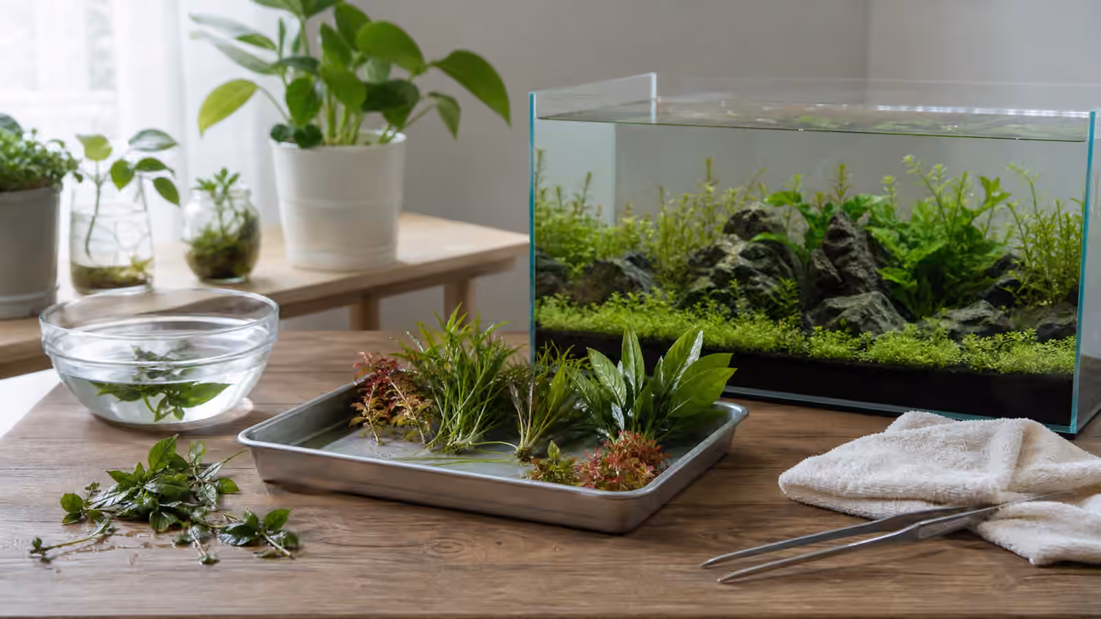 Aquarium plants being prepared beside a planted tank as emersed leaves transition to submerged growth.