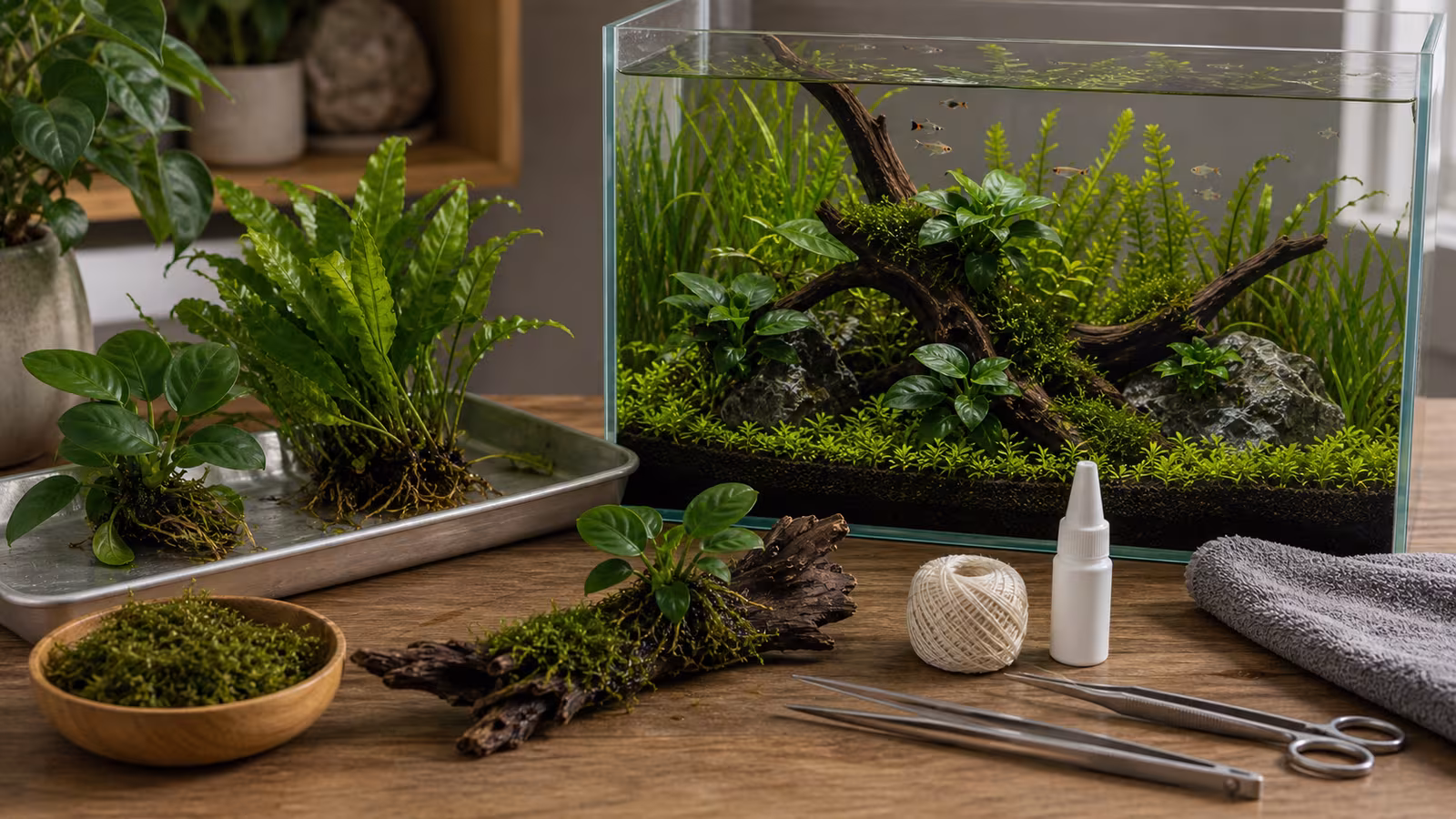 Anubias and Java fern attached to aquarium driftwood and stone with cotton thread, beside tweezers and a planted tank.