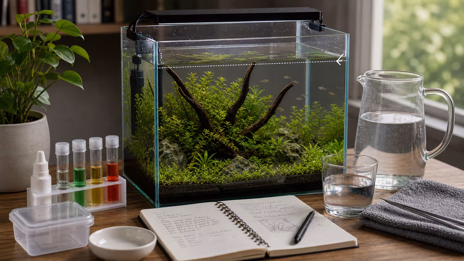 A planted nano aquarium with visible waterline, top-off pitcher, mineral test supplies, and marked maintenance notes.