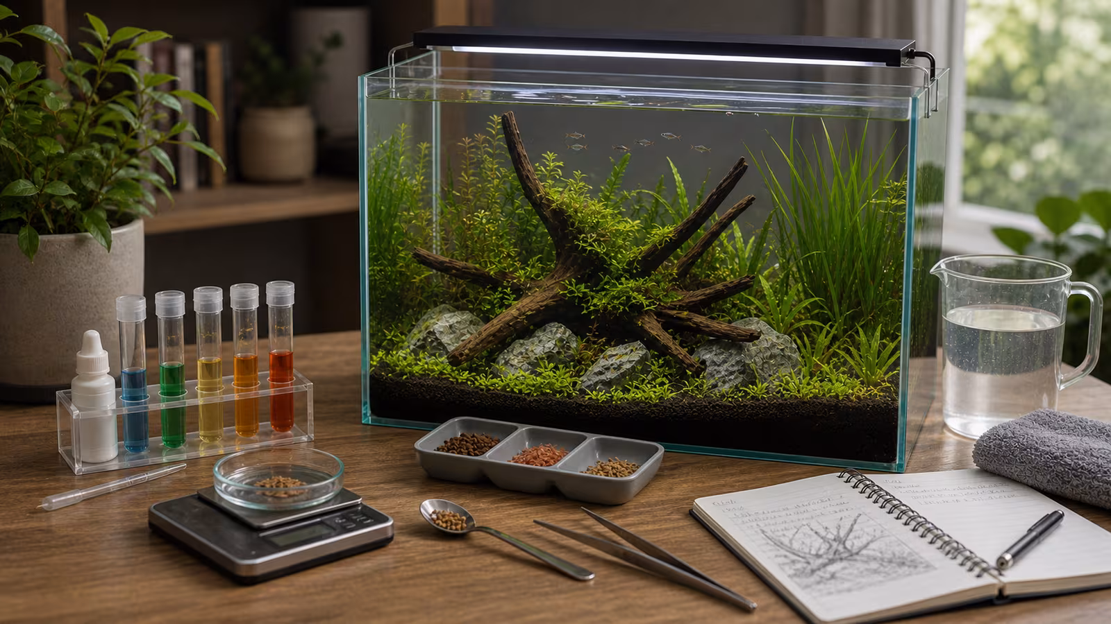 Small measured portions of aquarium food beside feeding tweezers, a feeding dish, planted tank, and maintenance notebook.