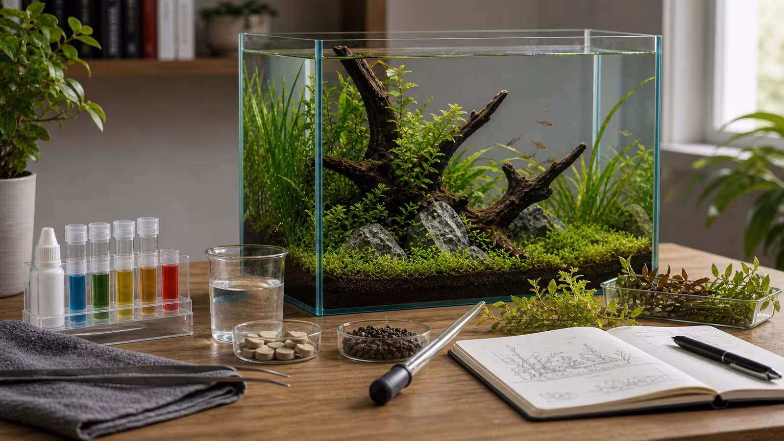 Aquatic plant fertilizer supplies with root tabs, measuring pipette, planted tank, plant trimmings, and dosing notebook.