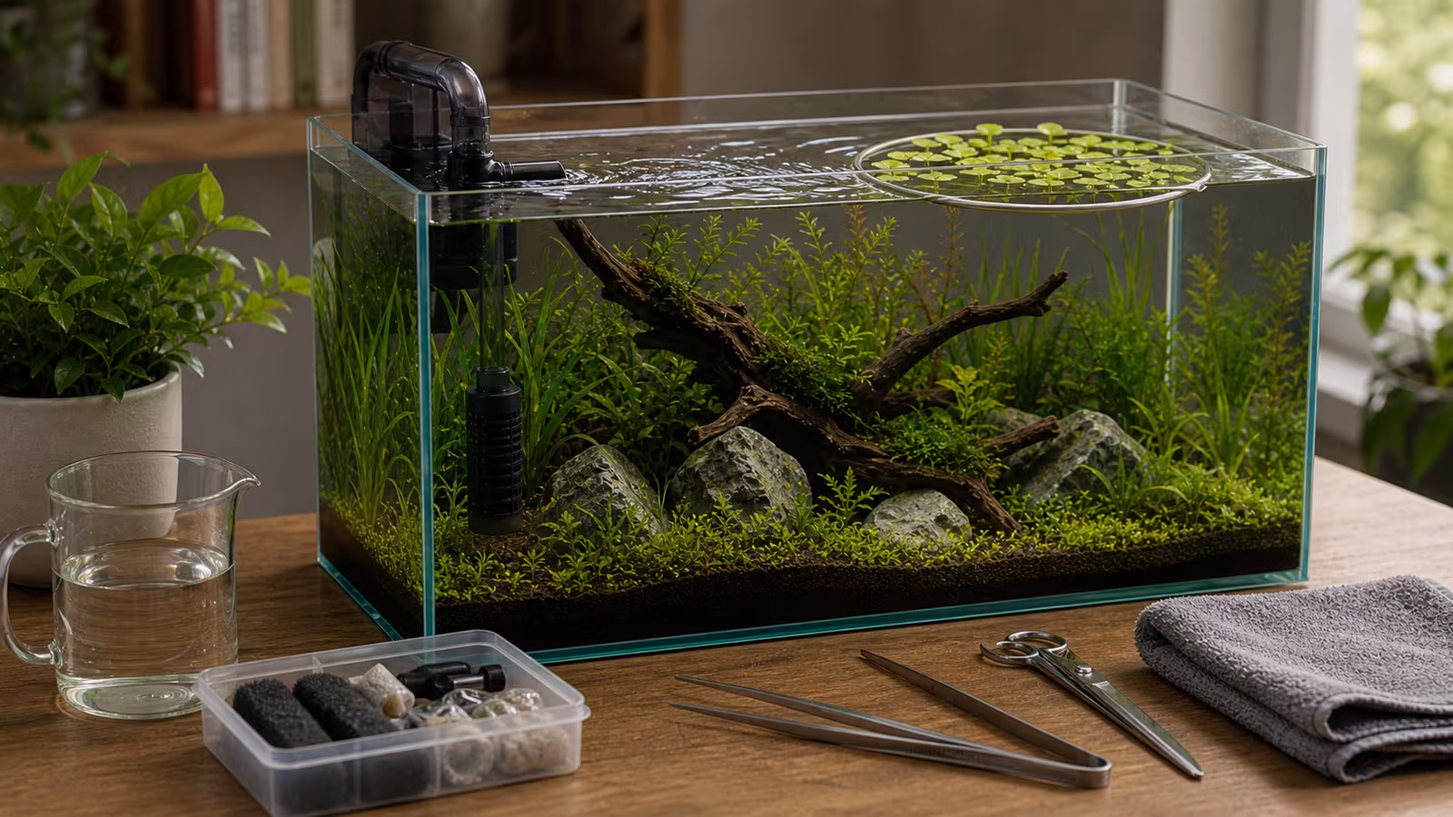 A planted aquarium with visible gentle surface ripple, filter outlet, sponge intake guard, plants moving lightly, and open swimming room.
