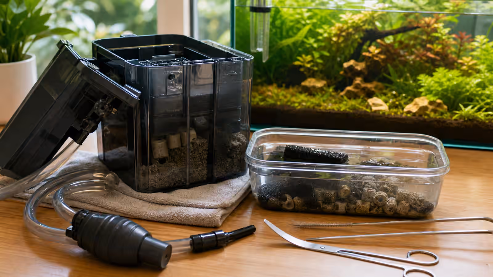 Aquarium filter media kept wet in a clear container beside an open filter, towel, tools, and planted tank.