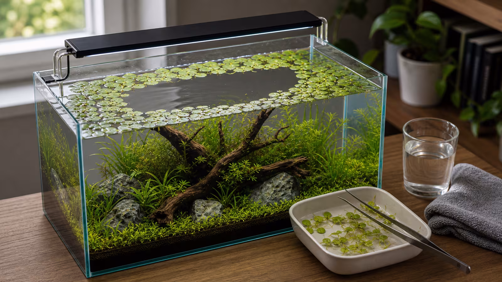 Floating aquarium plants contained by a feeding ring on the surface of a planted tank with net and small removal bowl nearby.