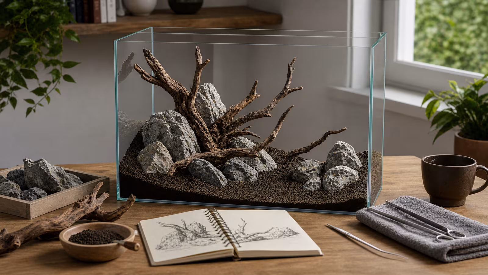 Aquarium hardscape materials arranged dry with driftwood, stones, substrate slope, tweezers, and a layout notebook.