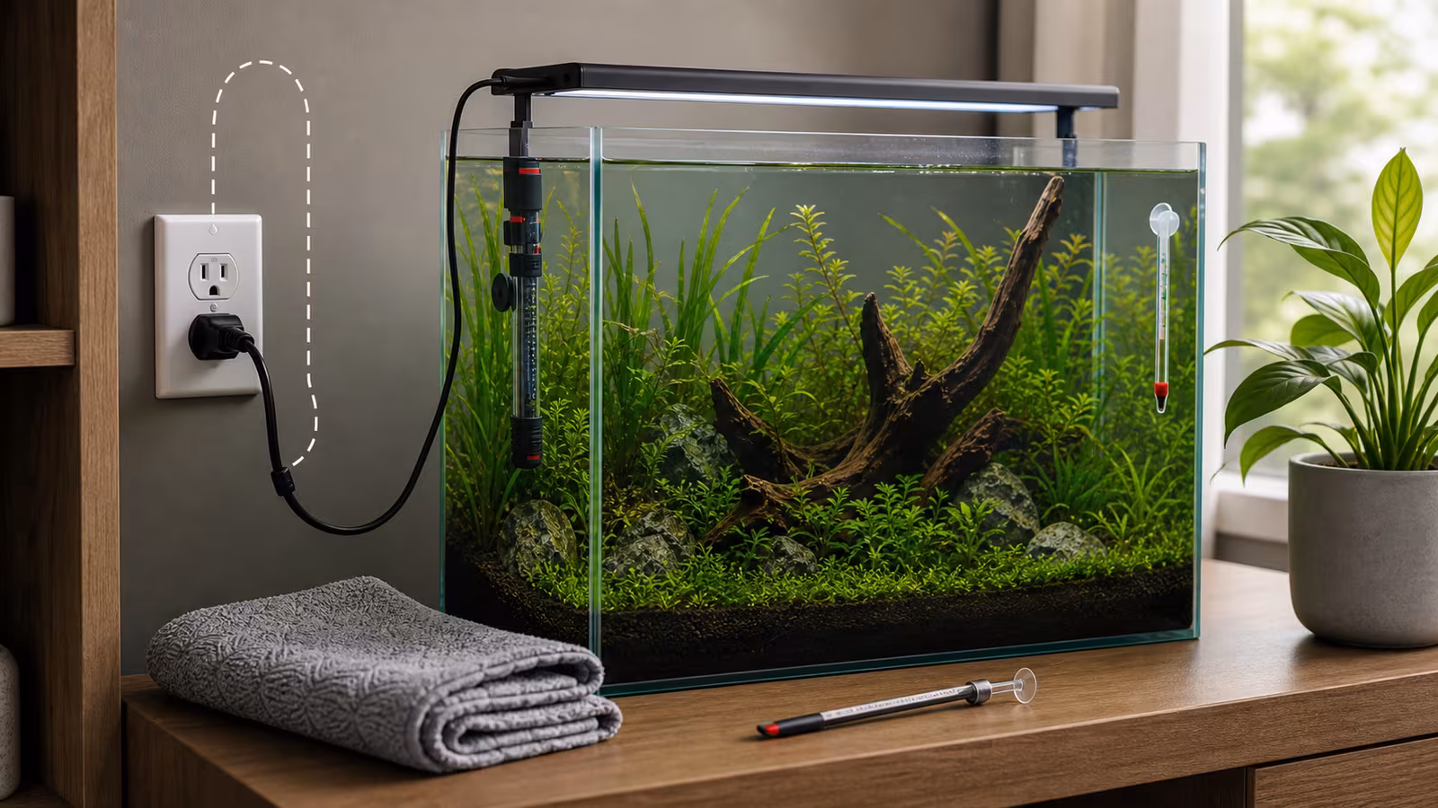 Aquarium heater and thermometer installed in a planted tank with tidy cord drip loop, dry outlet area, and towel nearby.