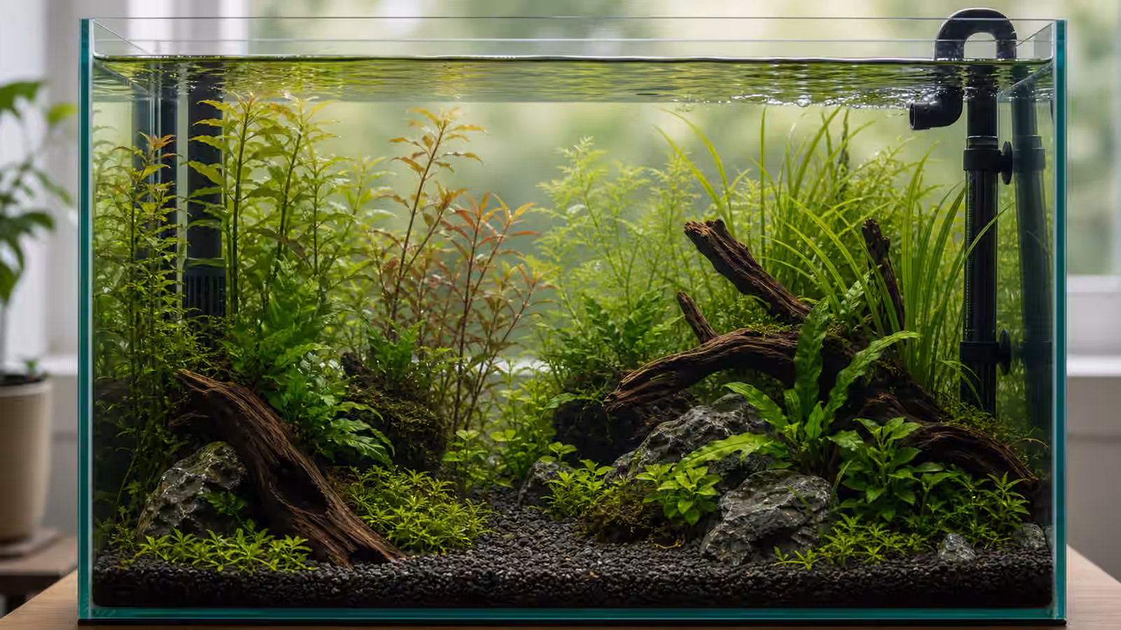 A planted aquarium with filter intake, heater, and outlet partly screened by tall plants and driftwood while surface ripple remains visible.