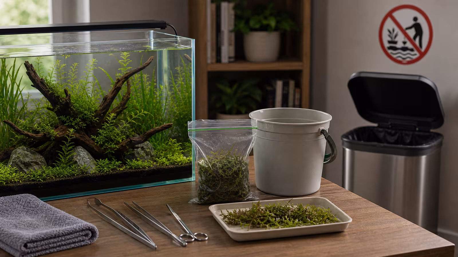 Responsible aquarium disposal station with removed plants in a sealed bag, dry tools, bucket, and no connection to outdoor waterways.