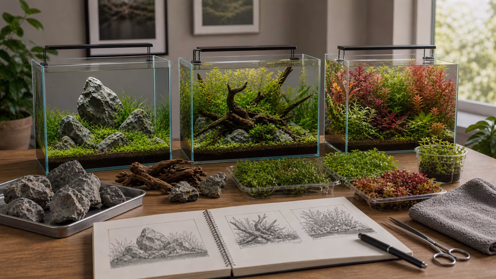 Three small planted aquarium style studies showing stone-focused, nature-style wood, and dense plant-group layouts.